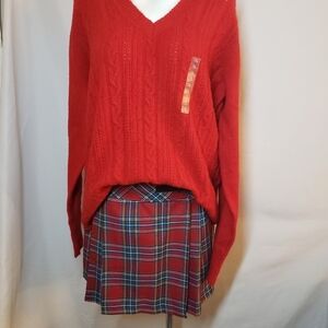 Red tartan front pleat short skirt